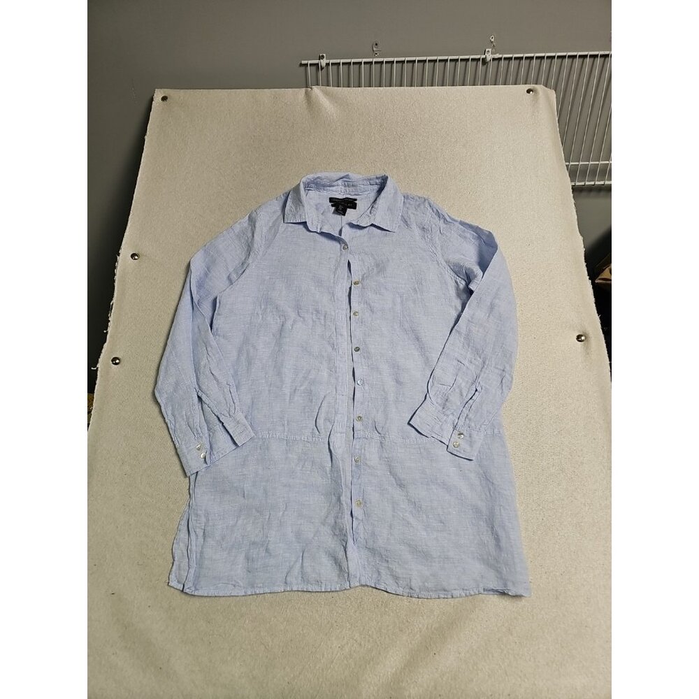 Tahari Essentials 100% Linen Long Sleeve‎ Button Down Tunic Top Blue Large